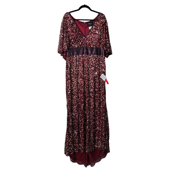 MAC DUGGAL SEQUINED V-NECK CAPE SLEEVE BEADED WAIST GOWN Womens Size 16 - Picture 4 of 9